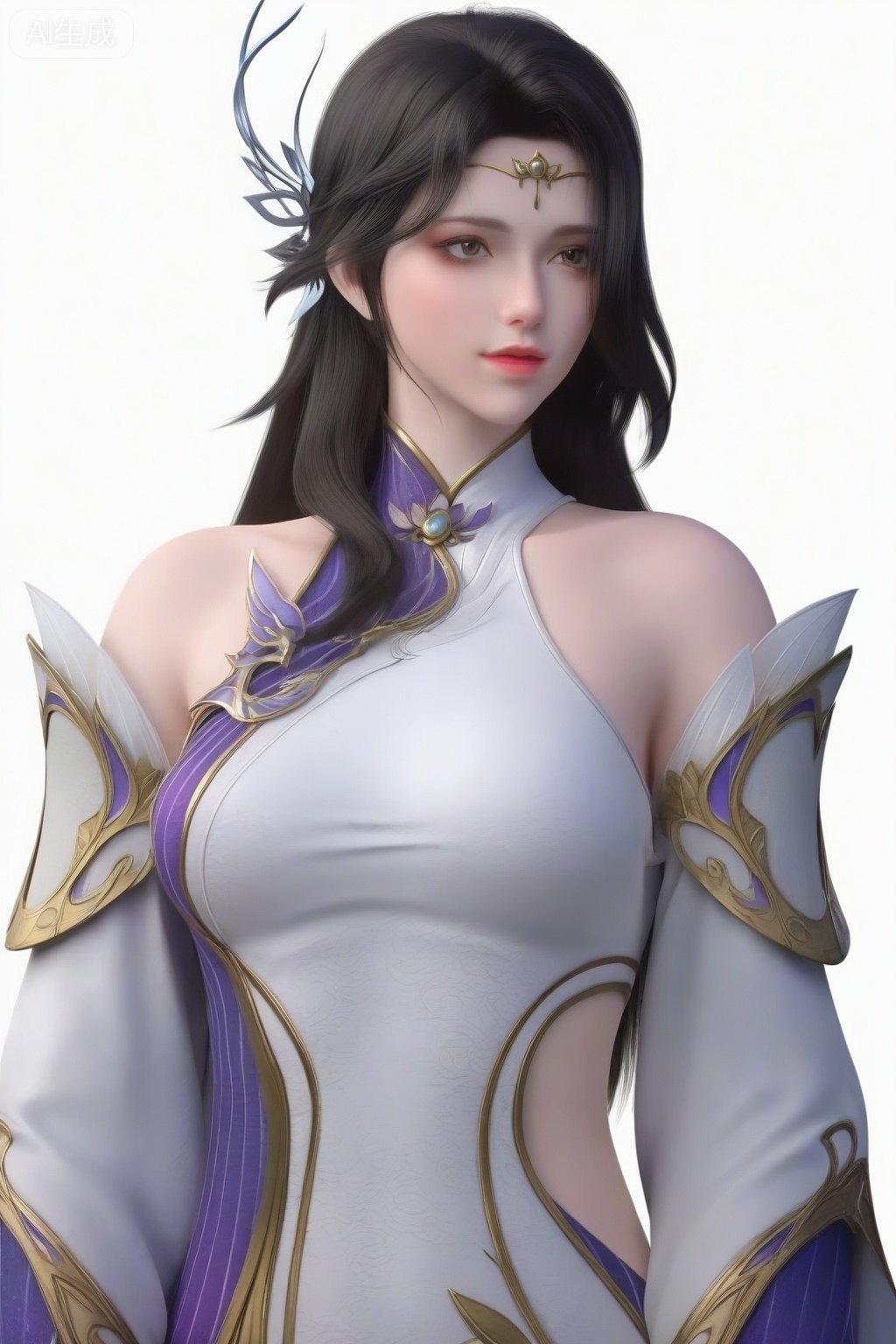 score_9_up,1girl, solo, long hair, simple background, black hair, hair ornament, white background, dress, bare shoulders, upper body,XuanYi