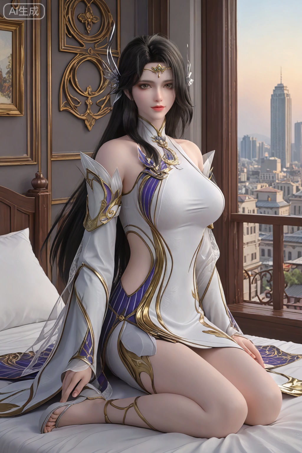 score_9_up,1girl, solo, long hair, large breasts, looking at viewer, simple background, black hair, hair ornament,sitting on thebed,hotel,window, cityscape, dress, bare shoulders, full body, detached sleeves, white dress, circlet,XuanYi,hand_raised
