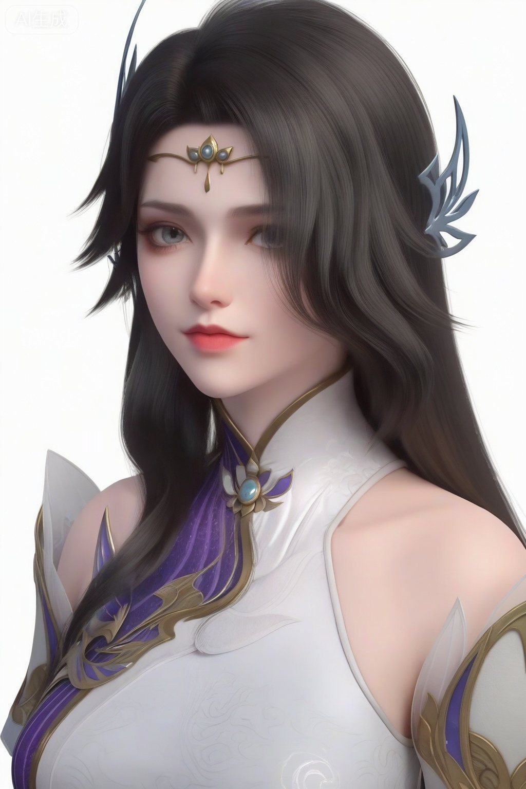 score_9_up,1girl, solo, long hair, simple background, black hair, hair ornament, white background, dress, bare shoulders, upper body,XuanYi