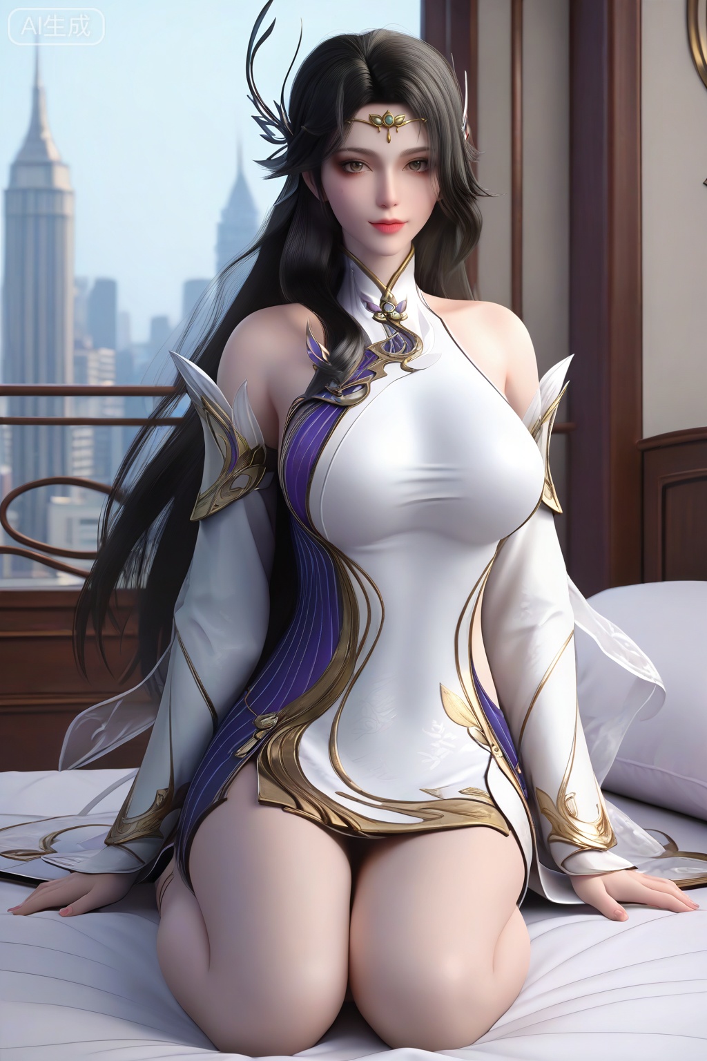 score_9_up,1girl, solo, long hair, large breasts, looking at viewer, simple background, black hair, hair ornament,sitting on thebed,hotel,window, cityscape, dress, bare shoulders, full body, detached sleeves, white dress, circlet,XuanYi,hand_raised