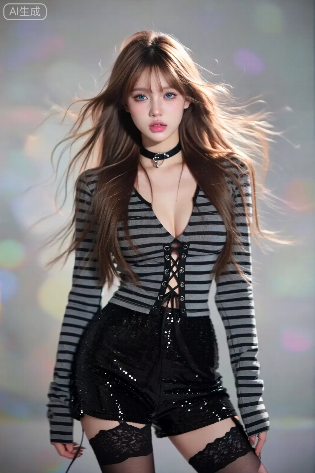 photograph of a young, attractive caucasian woman with long, light brown hair blowing in the wind, she has fair skin, blue eyes, and full pink lips, she wears a black choker, a grey and black striped long-sleeve top with black lace-up sides, and black sequined shorts, her top reveals a modest cleavage, and she has black lace thigh-high stockings, the background is a blurred, colorful bokeh, adding a dreamy effect, the lighting is soft, highlighting her face and hair, her expression is neutral, with a slightly parted mouth, the image has a modern, edgy fashion style