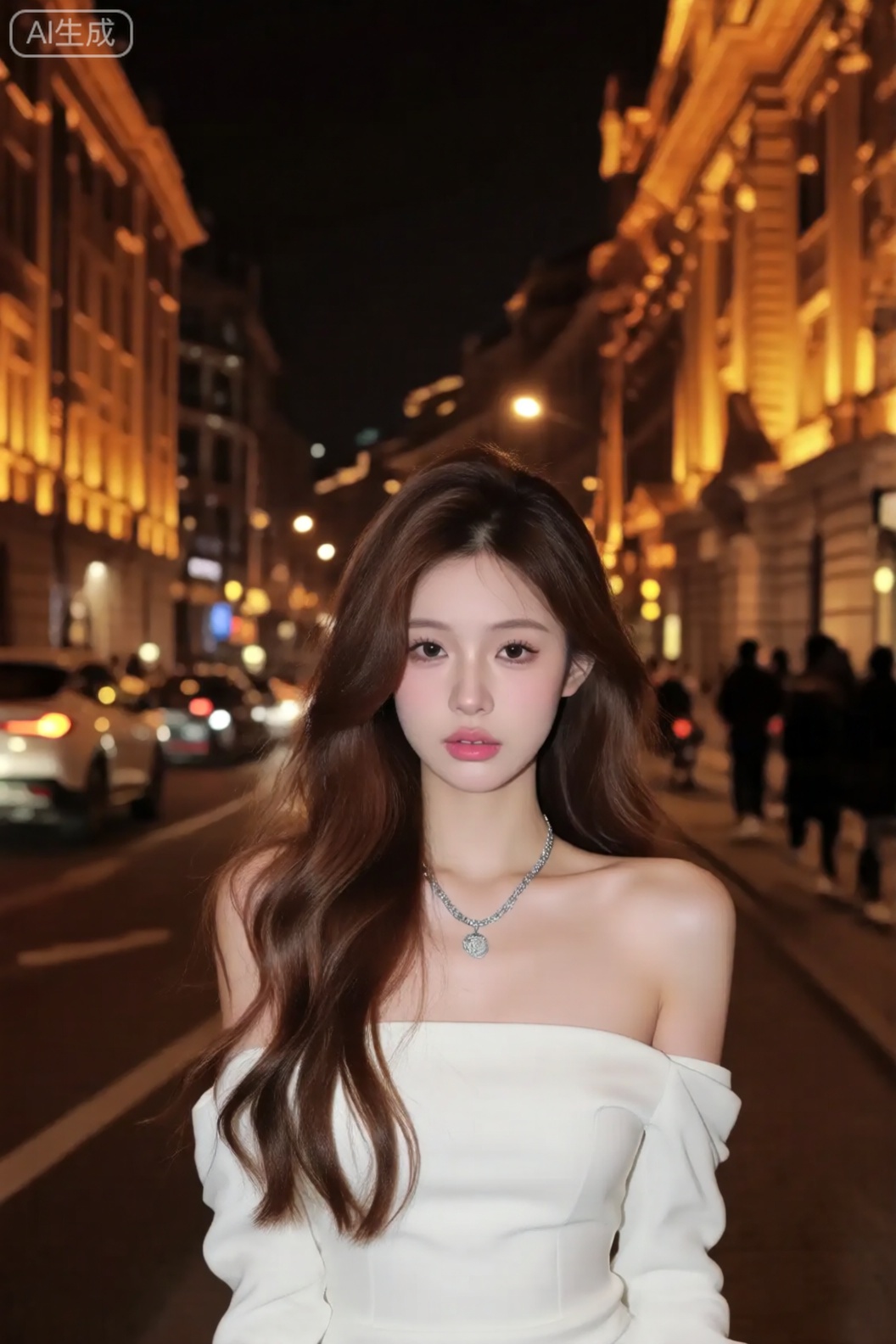 photograph of an asian woman with long, wavy brown hair, wearing an off-the-shoulder white dress that reveals her collarbones and a silver necklace with a pendant, she has fair skin, full lips with pink lipstick, and dark, almond-shaped eyes, the background shows a nighttime urban street with illuminated buildings, cars, and blurred pedestrians, the street is lined with warm, yellow-orange lights, and the buildings have classic architectural details, the woman is centered in the foreground, looking directly at the camera with a neutral expression, the image has a sharp focus on the woman, with a slightly blurred background, emphasizing the cityscape