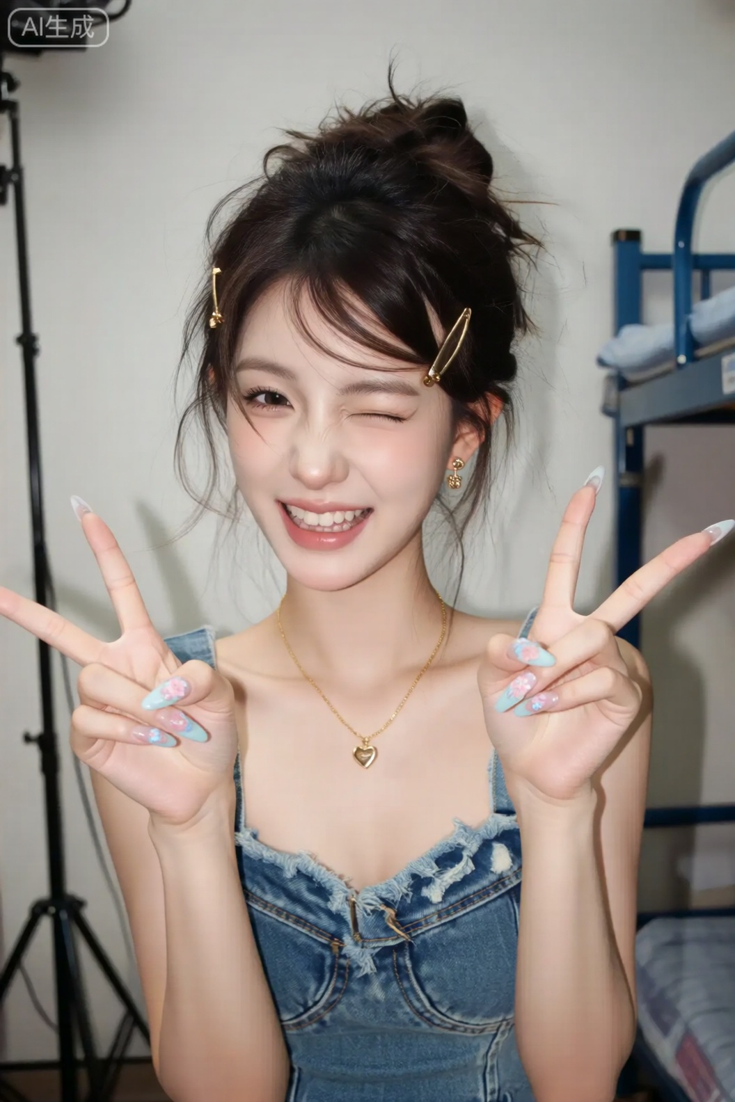photograph of a young asian woman with fair skin and delicate features, winking and smiling with her mouth slightly open, showing her teeth, she has dark brown hair styled in a messy updo with two gold hair clips, she is wearing a denim sleeveless dress with a frayed neckline, a gold necklace with a heart pendant, and small gold earrings, her nails are long and painted with a pastel blue and pink floral design, she is making a playful hand gesture with her fingers, the background shows a room with a white wall, blue metal bunk bed, and a photography light stand, the image has a bright, natural light