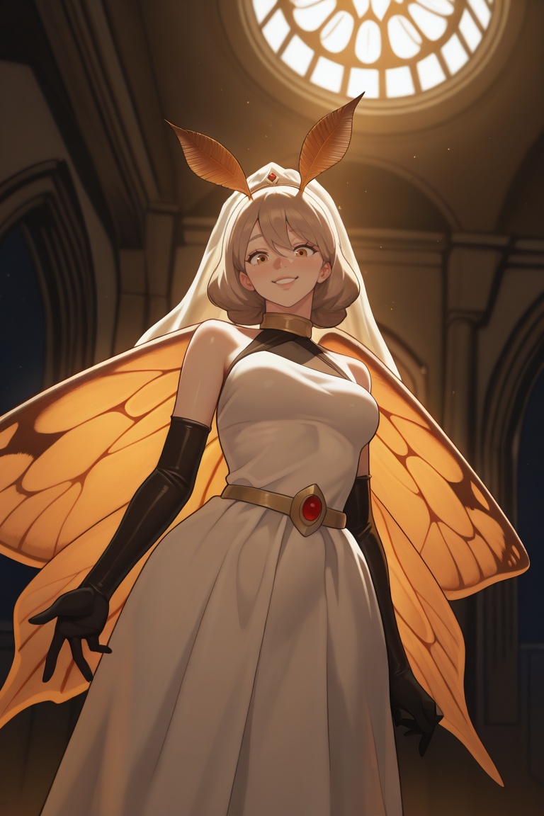A moth girl with a gentle smile stands in a three-quarter view,  her long light brown hair cascading down her shoulders an...