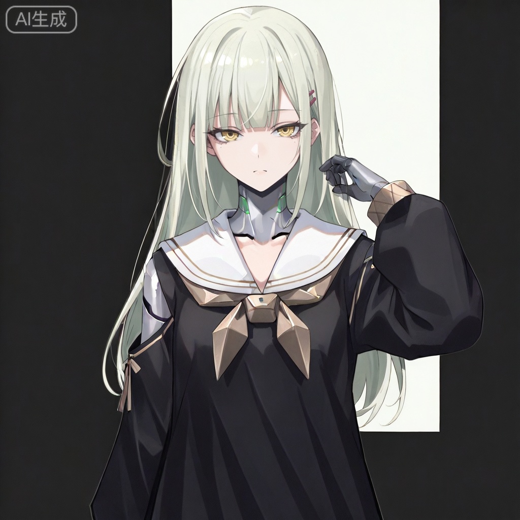 masterpiece, best quality,solo,white background,simple_background,Wakaba Mutsumi,cybersaki_style,long hair,green hair,bangs,blunt bangs,yellow eyes,hair ornament,hairclip,blonde hair,doll joints,jewelry,black dress,white sailor collar,robot joints,