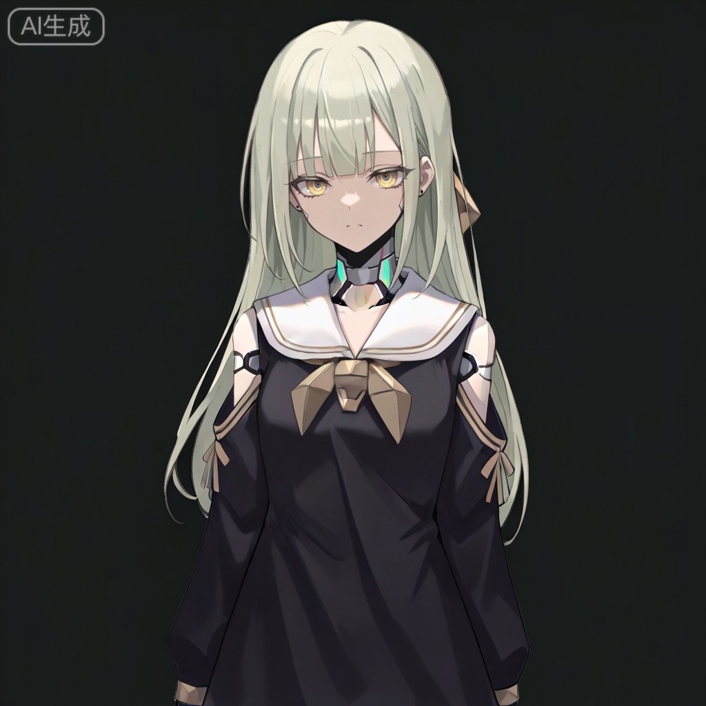 masterpiece, best quality,solo,white background,simple_background,Wakaba Mutsumi,cybersaki_style,long hair,green hair,bangs,blunt bangs,yellow eyes,hair ornament,hairclip,blonde hair,doll joints,jewelry,black dress,white sailor collar,robot joints,