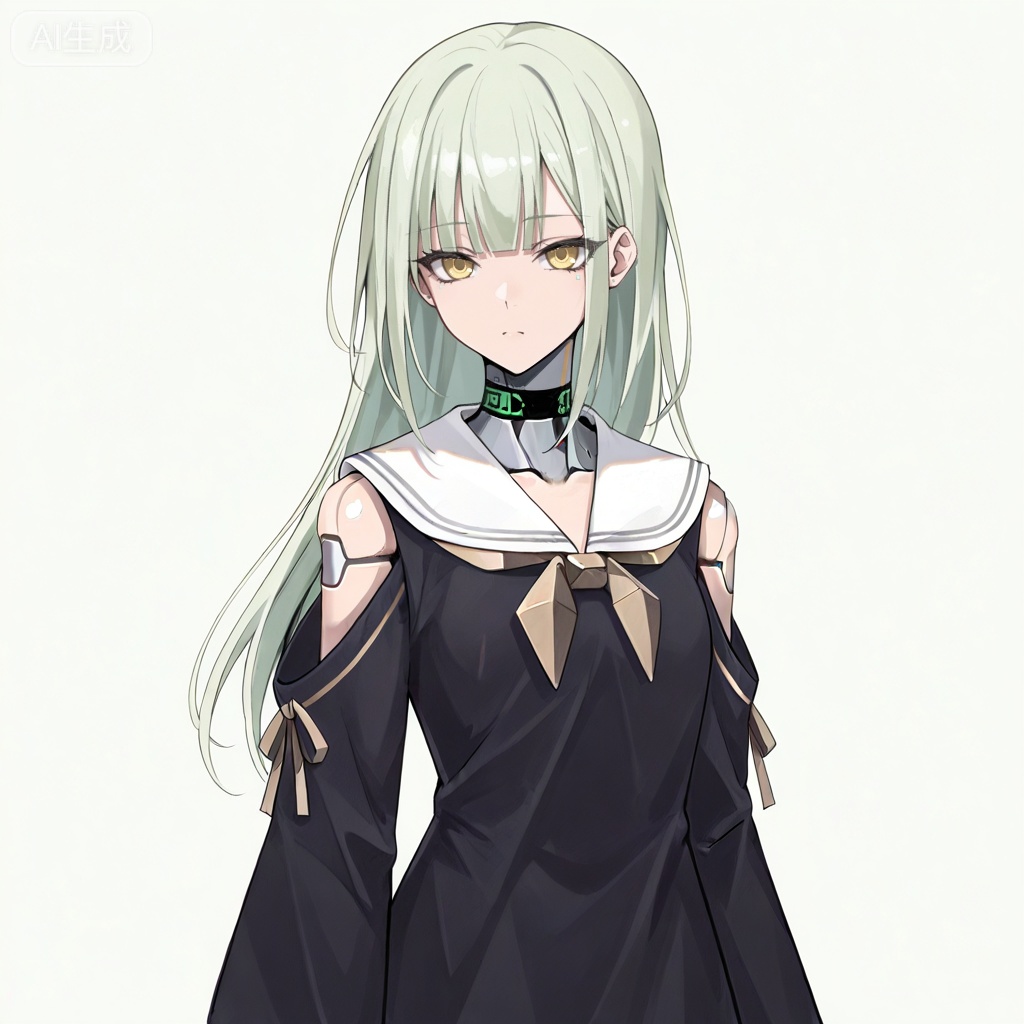 masterpiece, best quality,solo,white background,simple_background,Wakaba Mutsumi,cybersaki_style,long hair,green hair,bangs,blunt bangs,yellow eyes,hair ornament,hairclip,blonde hair,doll joints,jewelry,black dress,white sailor collar,robot joints,