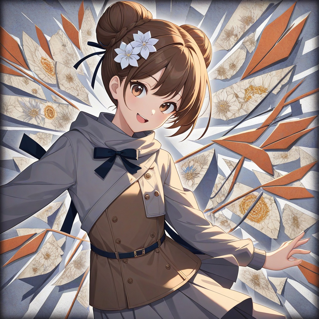 Conceptual Anime Art Open-mouthed smile,  brown hair,  bun on Tensor.Art
