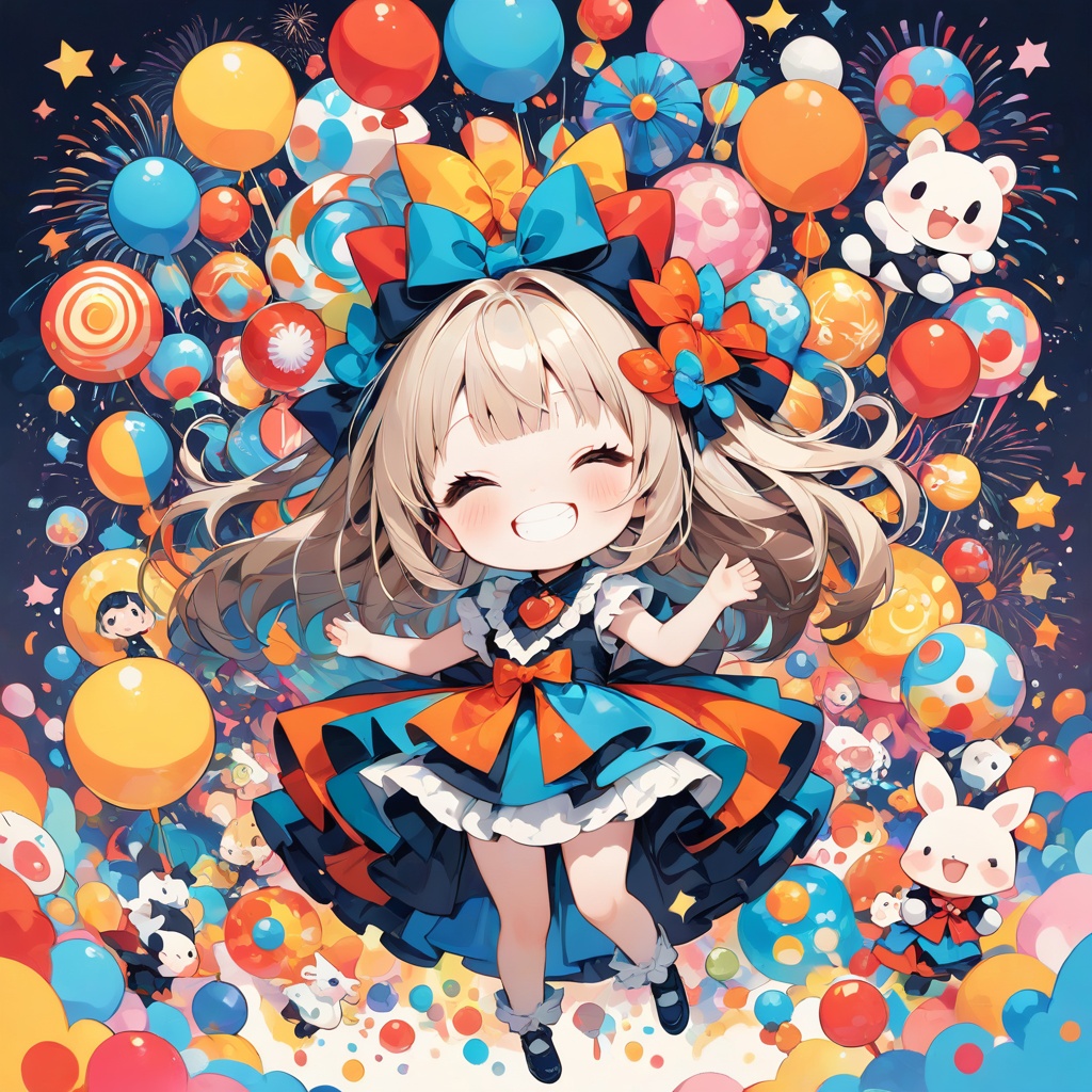 chibi anime girl centered composition,  huge cheerful grin,  tiny hands raised on Tensor.Art