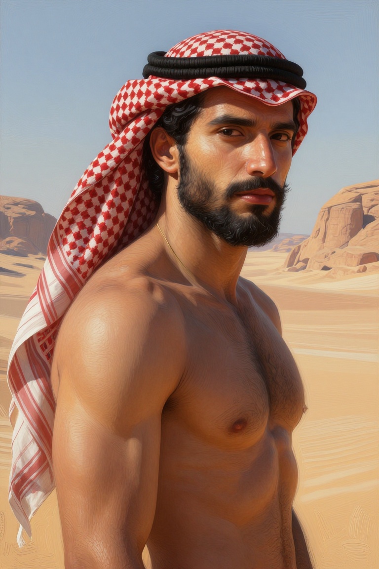 [Masterpiece fantasy digital portrait by Greg Rutkowski and Alphonse Mucha of] The image shows a man standing in a desert...