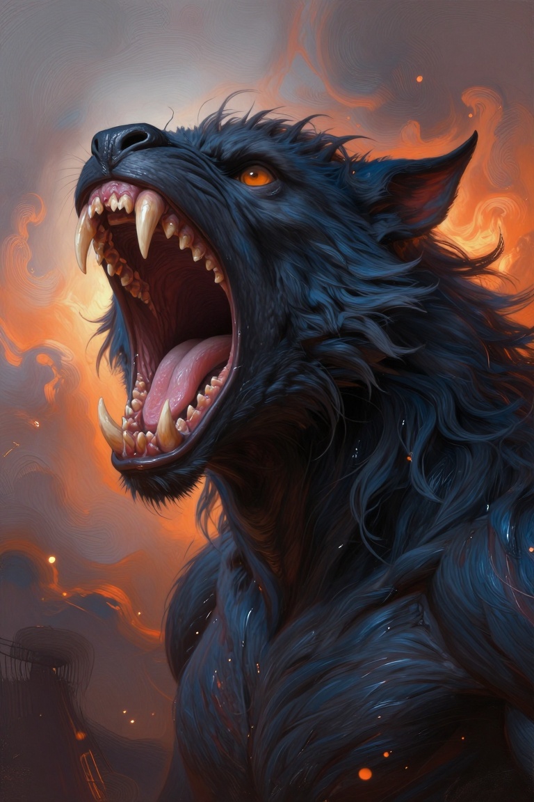 [Masterpiece fantasy digital portrait by Greg Rutkowski and Alphonse Mucha of] A fierce,  roaring werewolf with dark blue-...