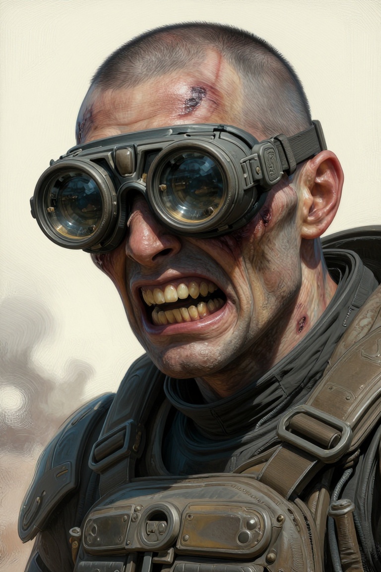 [Masterpiece fantasy digital portrait by Greg Rutkowski and Alphonse Mucha of] A close-up of a fierce,  zombie-like soldie...