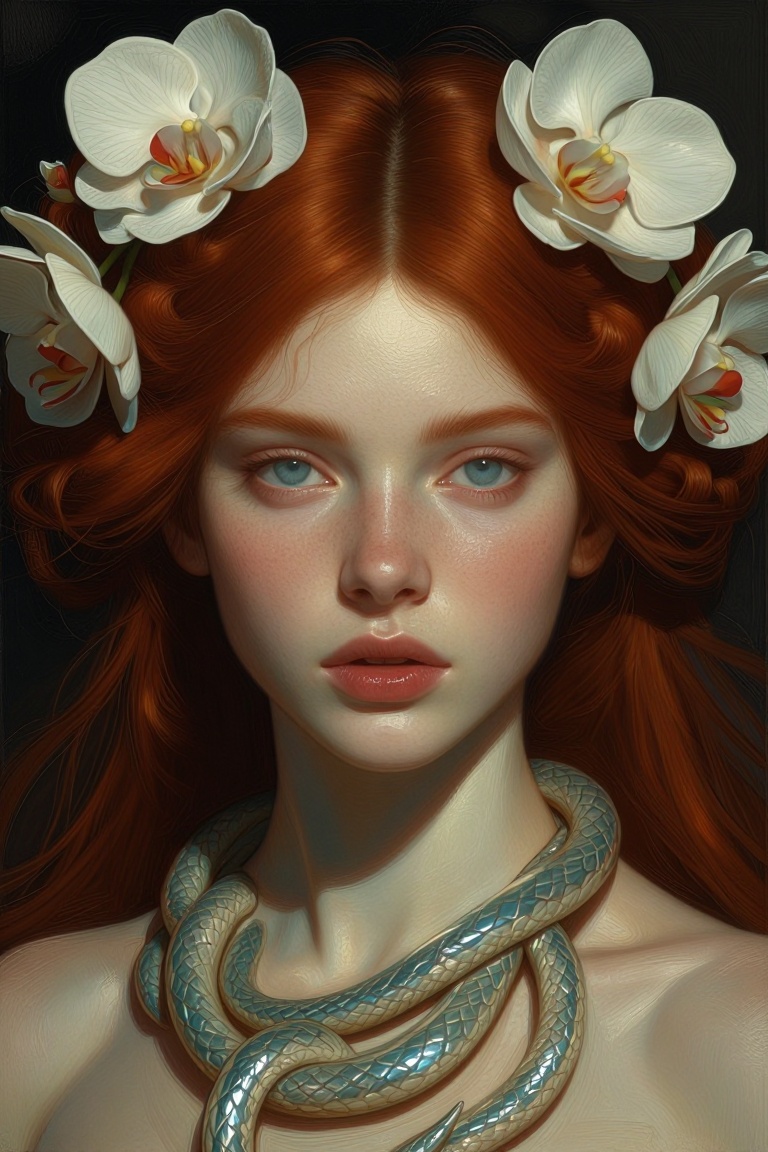 [Masterpiece fantasy digital portrait by Greg Rutkowski and Alphonse Mucha of] The image features a person with red hair a...