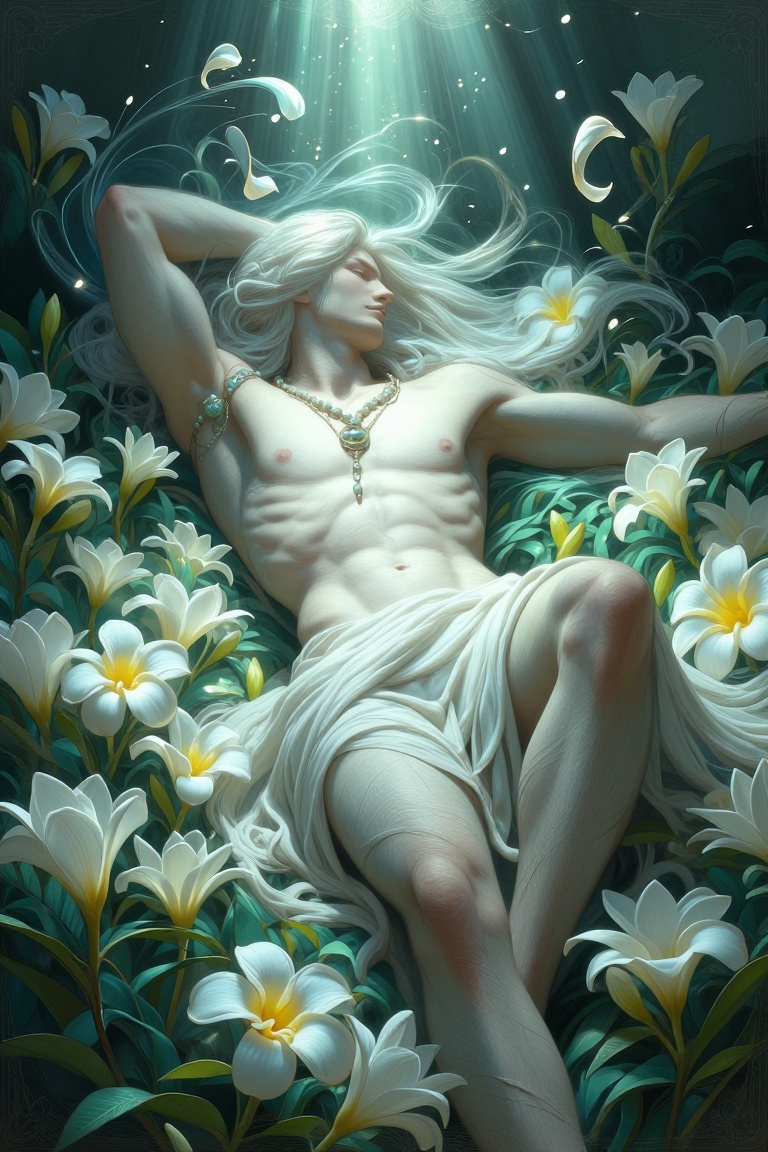 [Masterpiece fantasy digital portrait by Greg Rutkowski and Alphonse Mucha of] The image depicts a shirtless man lying on...