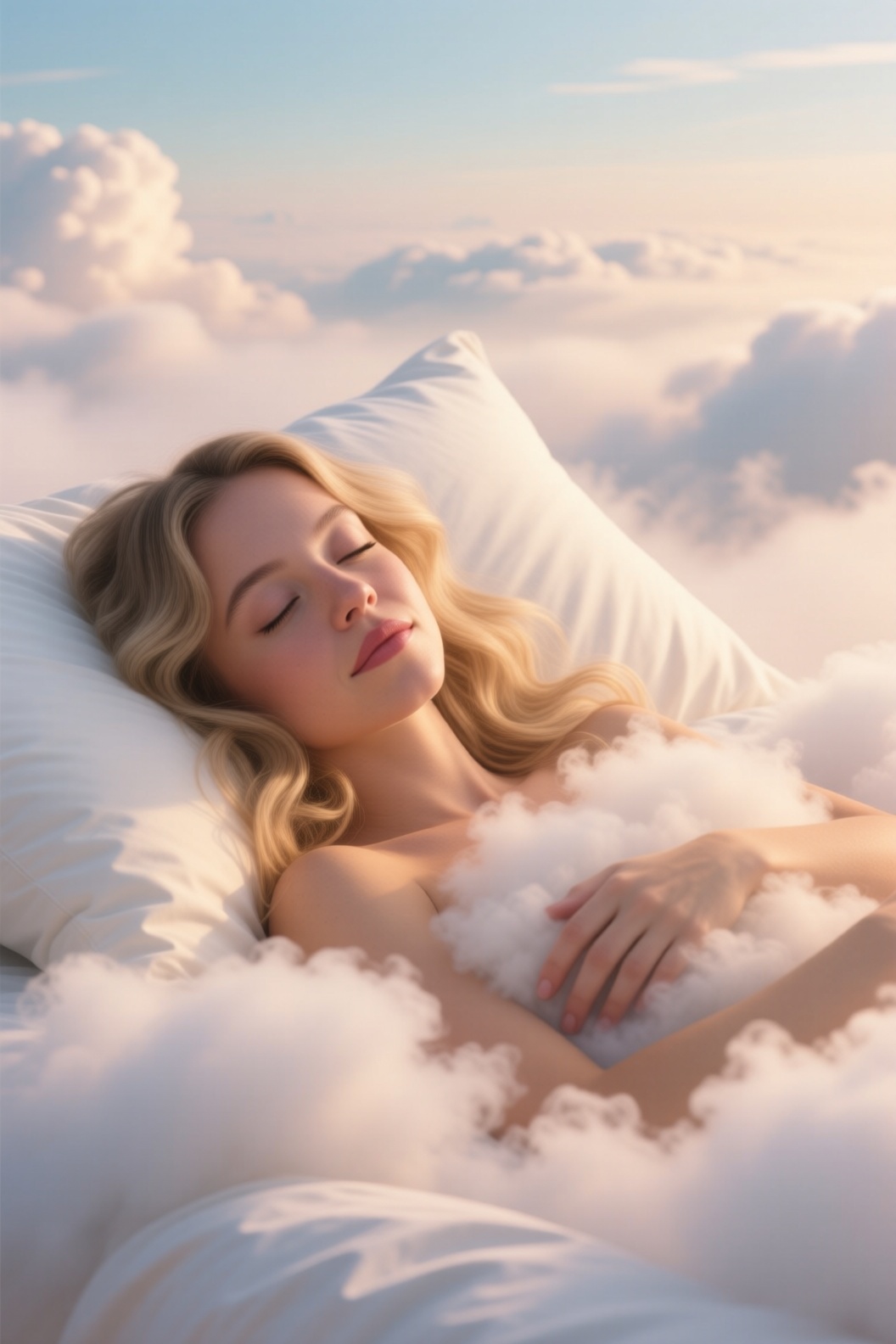 A high-resolution,  award-winning realistic illustration of a sydneysweeney resting inside a soft,  luminous cloud. The im...