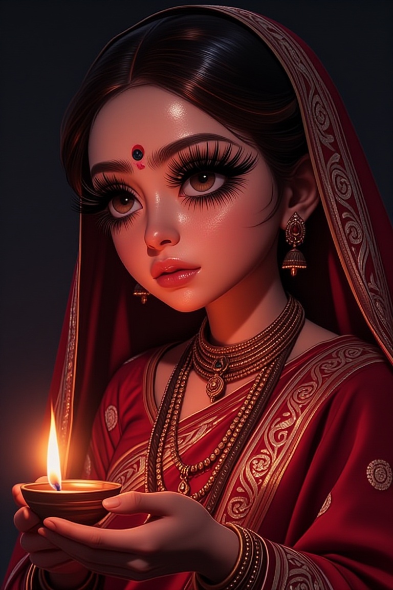 The image depicts a woman dressed in traditional Indian attire,  wearing a richly adorned red sari with intricate patterns...