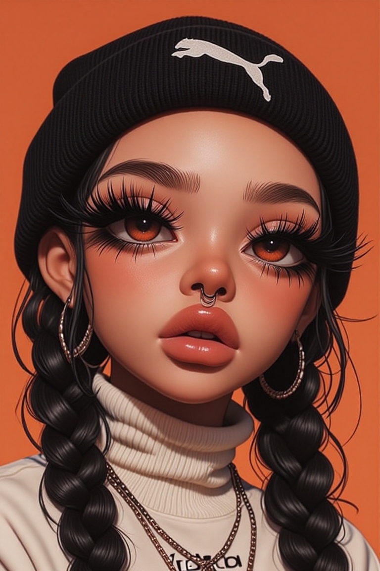 The image shows a person with long,  dark braids,  wearing a black beanie with a white Puma logo on it. They have a nose p...