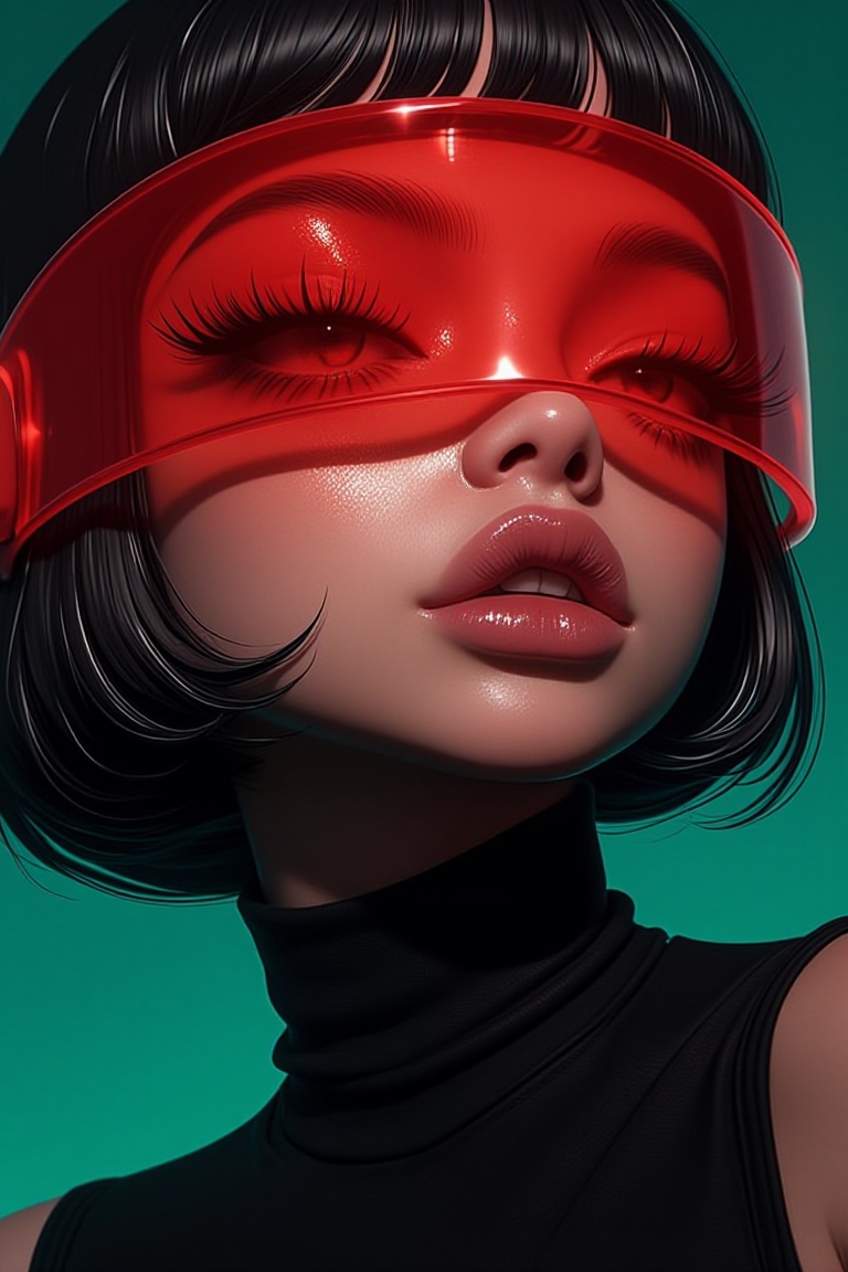 The image depicts a futuristic and artistic scene. A person is shown wearing a sleek,  black,  short bob wig and a high-ne...