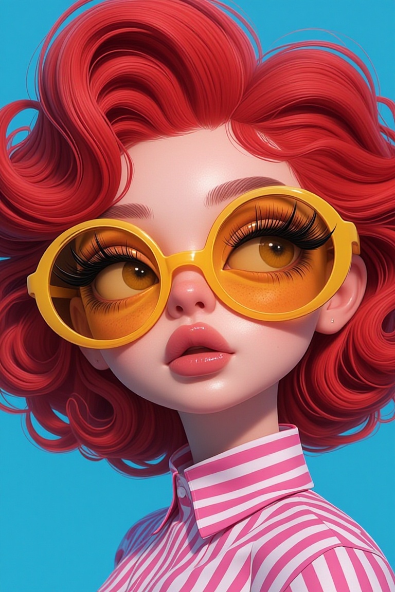 The image features a person with vibrant red hair styled in a voluminous,  curly fashion. They are wearing large,  round y...