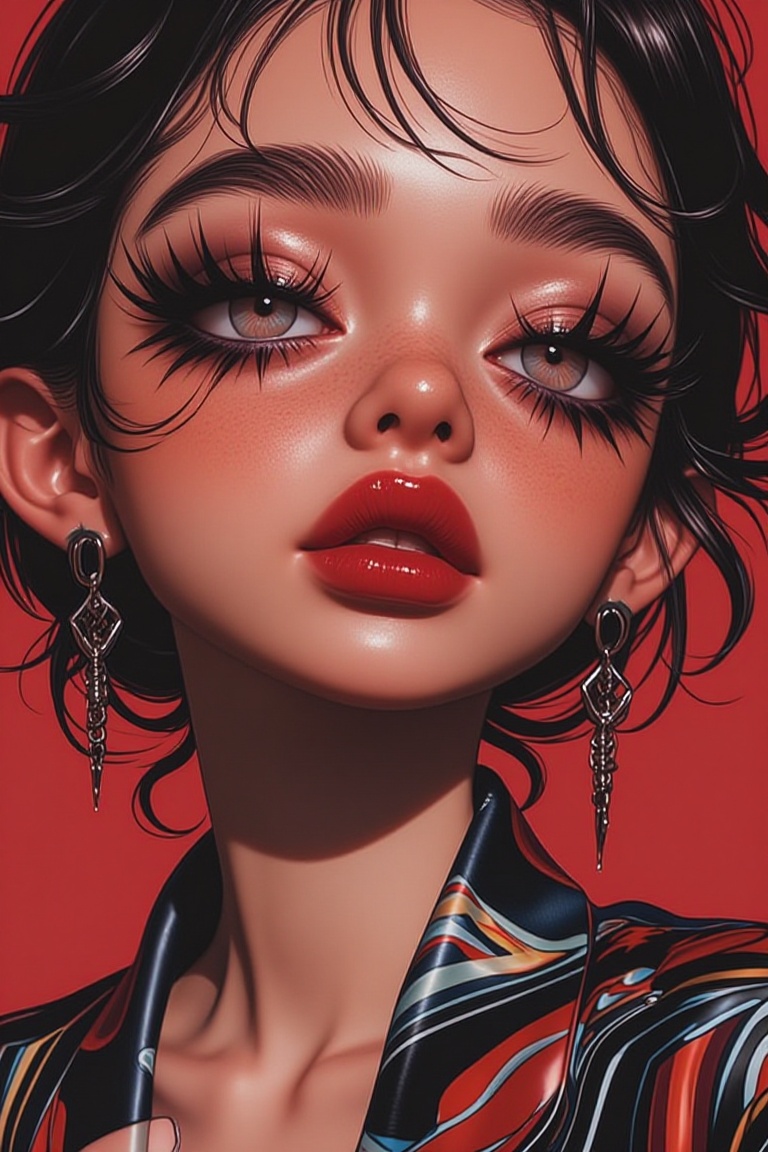 The image depicts a highly stylized digital artwork of a young woman with striking features. She has large,  expressive ey...