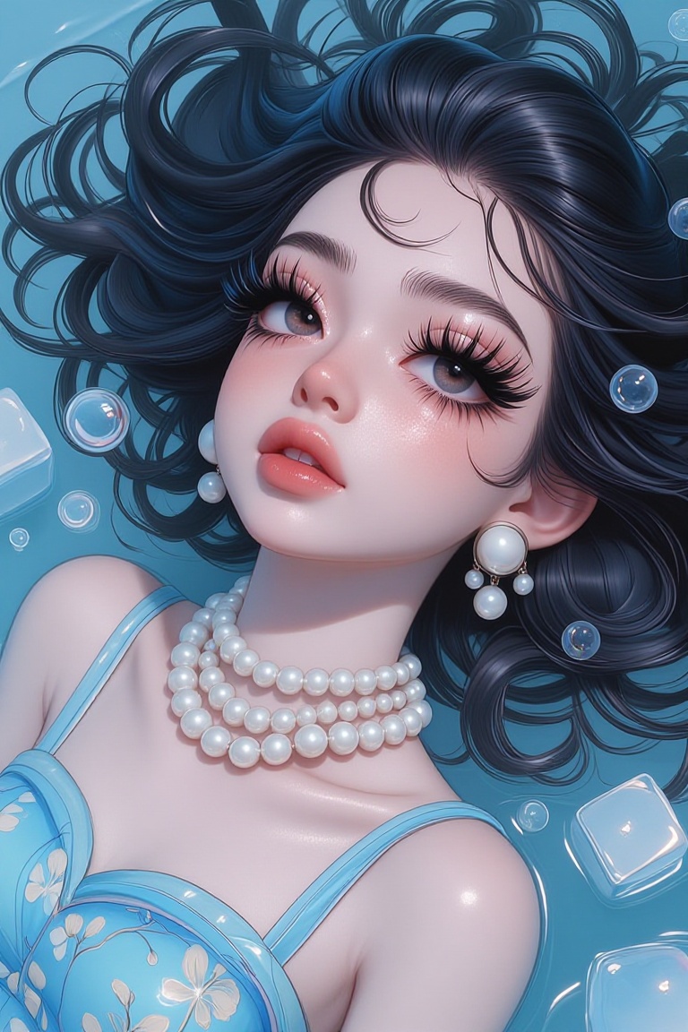 The image depicts a person lying in a watery environment,  surrounded by ice cubes and bubbles. The individual is adorned...