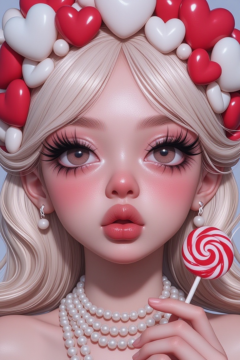 The image depicts a highly stylized and artistic portrait of a person. The individual has platinum blonde hair adorned wit...