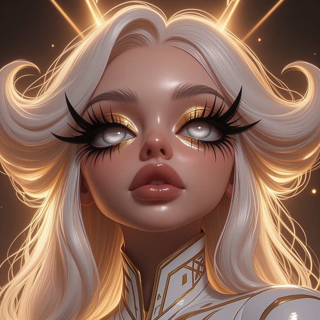 The image depicts a person with long,  platinum blonde hair,  wearing a futuristic outfit adorned with intricate gold and...