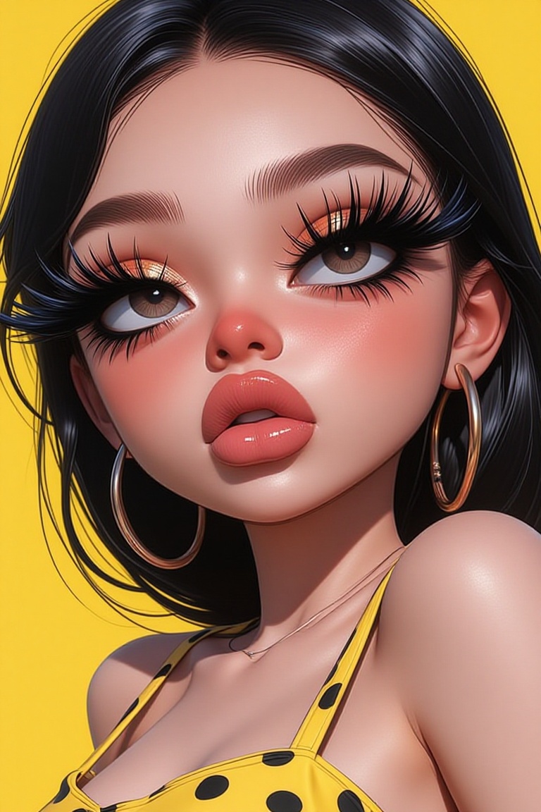 The image features a stylized illustration of a woman with long black hair,  wearing large gold hoop earrings and a yellow...