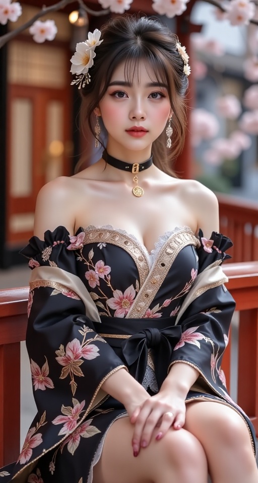 Generate a real-world photograph realistic photography 1girl solo looking at viewer hair ornament ribbon bare shoulders si...