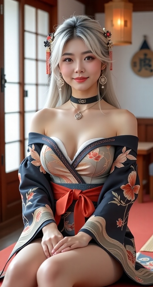Generate a real-world photograph realistic photography 1girl solo long hair breasts smile hair ornament long sleeves cleav...