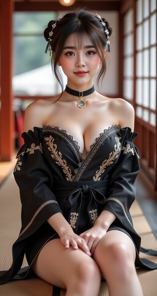Generate a real-world photograph realistic photography 1girl solo breasts looking at viewer smile bangs hair ornament long...