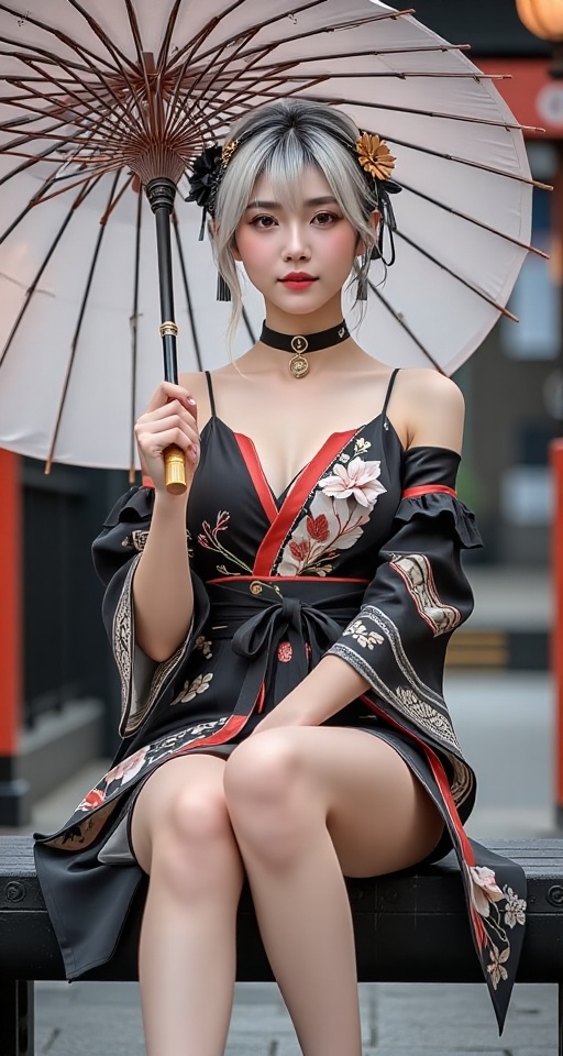 Generate a real-world photograph realistic photography 1girl solo looking at viewer bangs hair ornament bare shoulders sit...