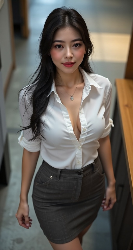 Generate a real-world photograph realistic photography 1girl solo deep cleavage large breasts skirt shirt black hair lips...