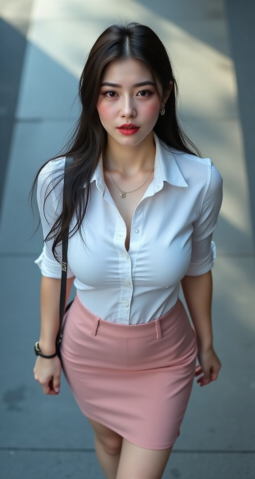 Generate a real-world photograph realistic photography 1girl solo deep cleavage large breasts skirt shirt black hair lips...