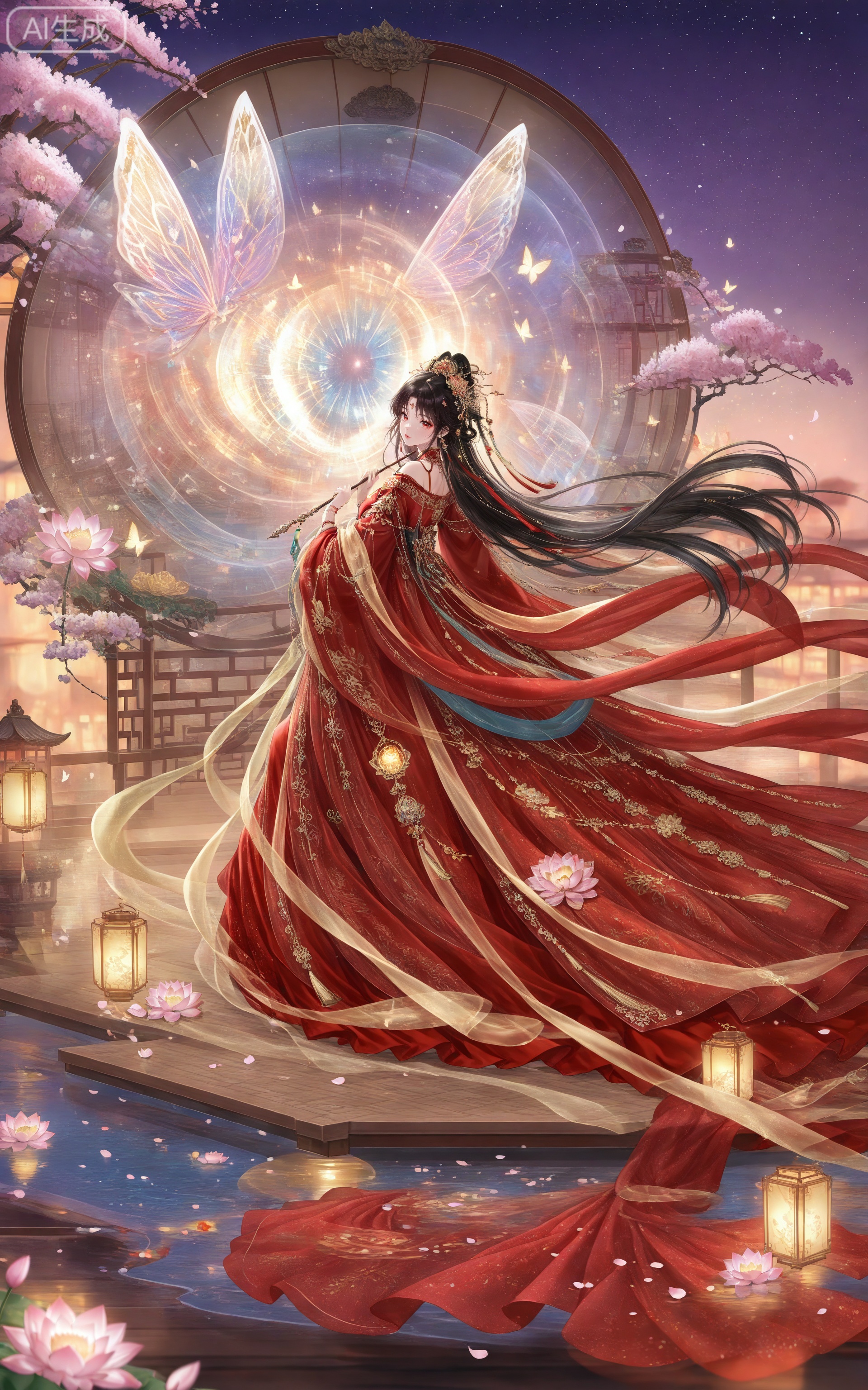 depth of field,masterpiece,best quality,very aesthetic,alternate costume,alternate costume,2024,2023,perfect composition,ultra-detailed,extreme aesthetic,masterpiece,best quality,good quality,newest,year 2024,year 2023,very aesthetic,absurdres,looking_at_viewer,colorful,,
lvjing, 1girl, long hair, flower, black hair, hair ornament, butterfly, lantern, petals, solo, dress, jewelry, red dress, night, lotus, holding, bug, sky, chinese clothes, star \(sky\)