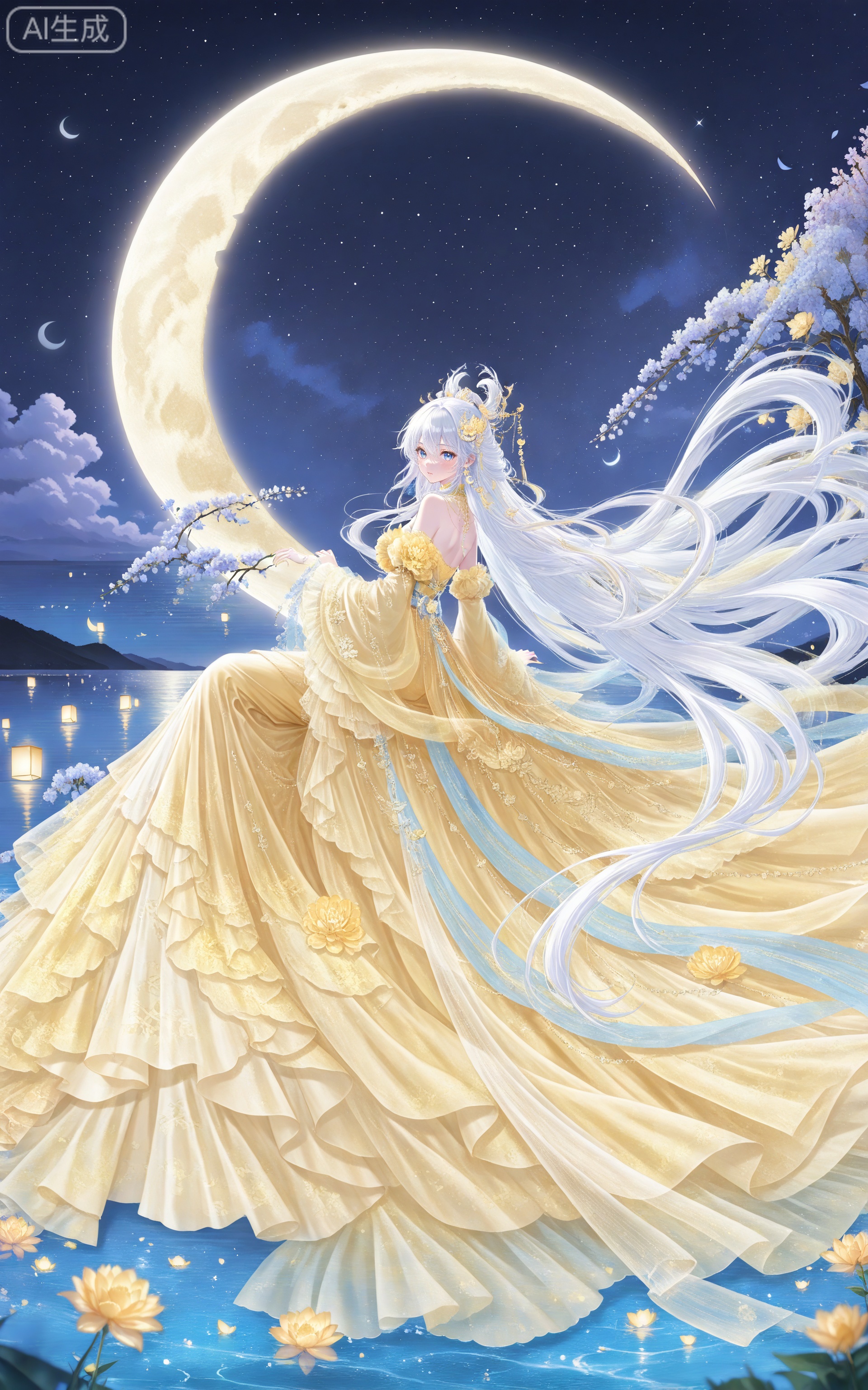 depth of field,masterpiece,best quality,very aesthetic,alternate costume,alternate costume,2024,2023,perfect composition,ultra-detailed,extreme aesthetic,masterpiece,best quality,good quality,newest,year 2024,year 2023,very aesthetic,absurdres,looking_at_viewer,colorful,,
lvjing, 1girl, long hair, moon, yellow dress, hair ornament, white hair, dress, flower, sitting, crescent moon, sky, night, solo, water, night sky, star \(sky\)