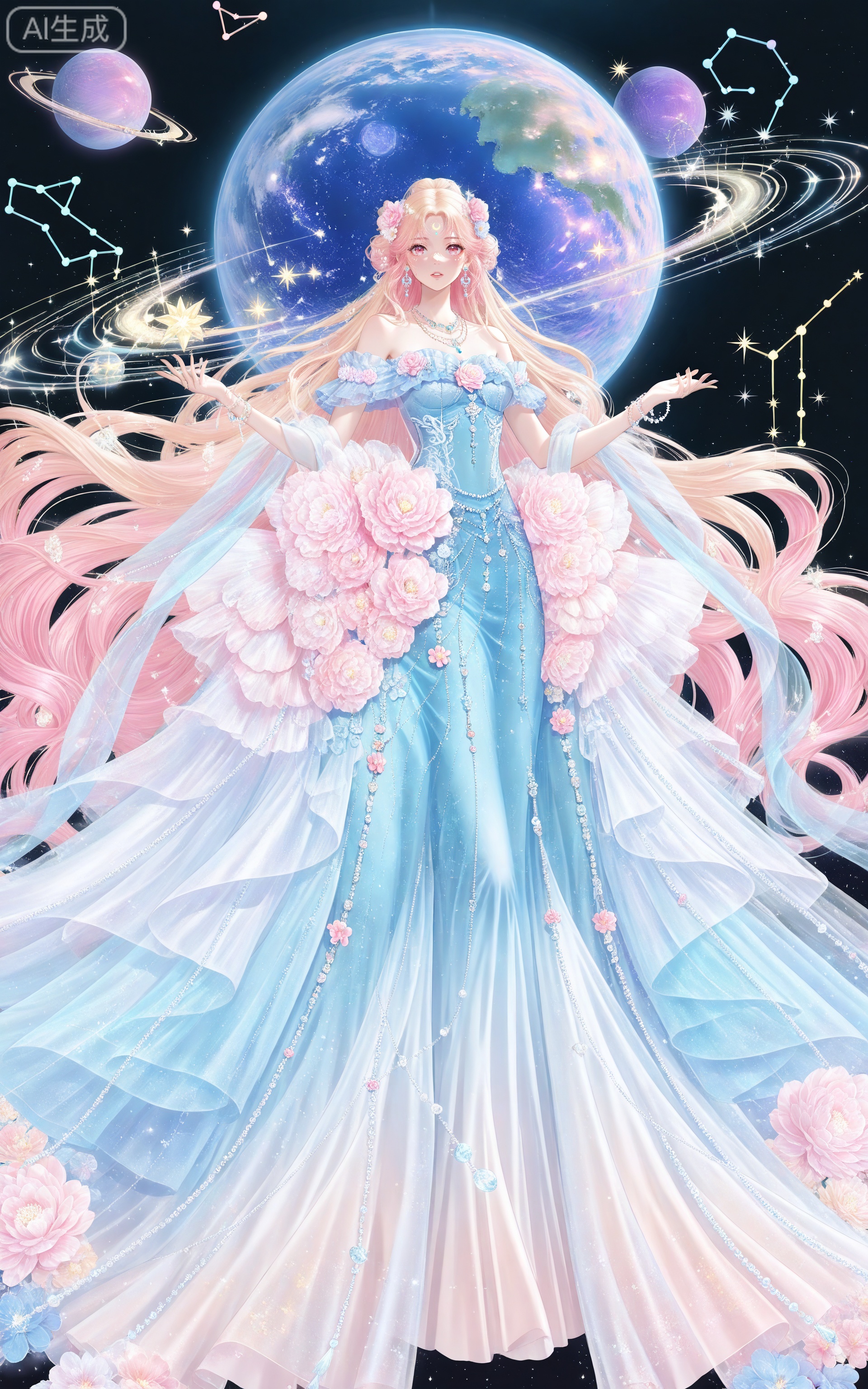 depth of field,masterpiece,best quality,very aesthetic,alternate costume,alternate costume,2024,2023,perfect composition,ultra-detailed,extreme aesthetic,masterpiece,best quality,good quality,newest,year 2024,year 2023,very aesthetic,absurdres,looking_at_viewer,colorful,,
lvjing, 1girl, long hair, flower, dress, jewelry, solo, crescent, planet, necklace, hair ornament, full body, pink flower, forehead mark, earrings, blonde hair, constellation, pink hair, beads, bracelet, hair flower, facial mark, very long hair, white flower, blue dress, dress flower, bare shoulders, crescent facial mark, hair bun, white dress