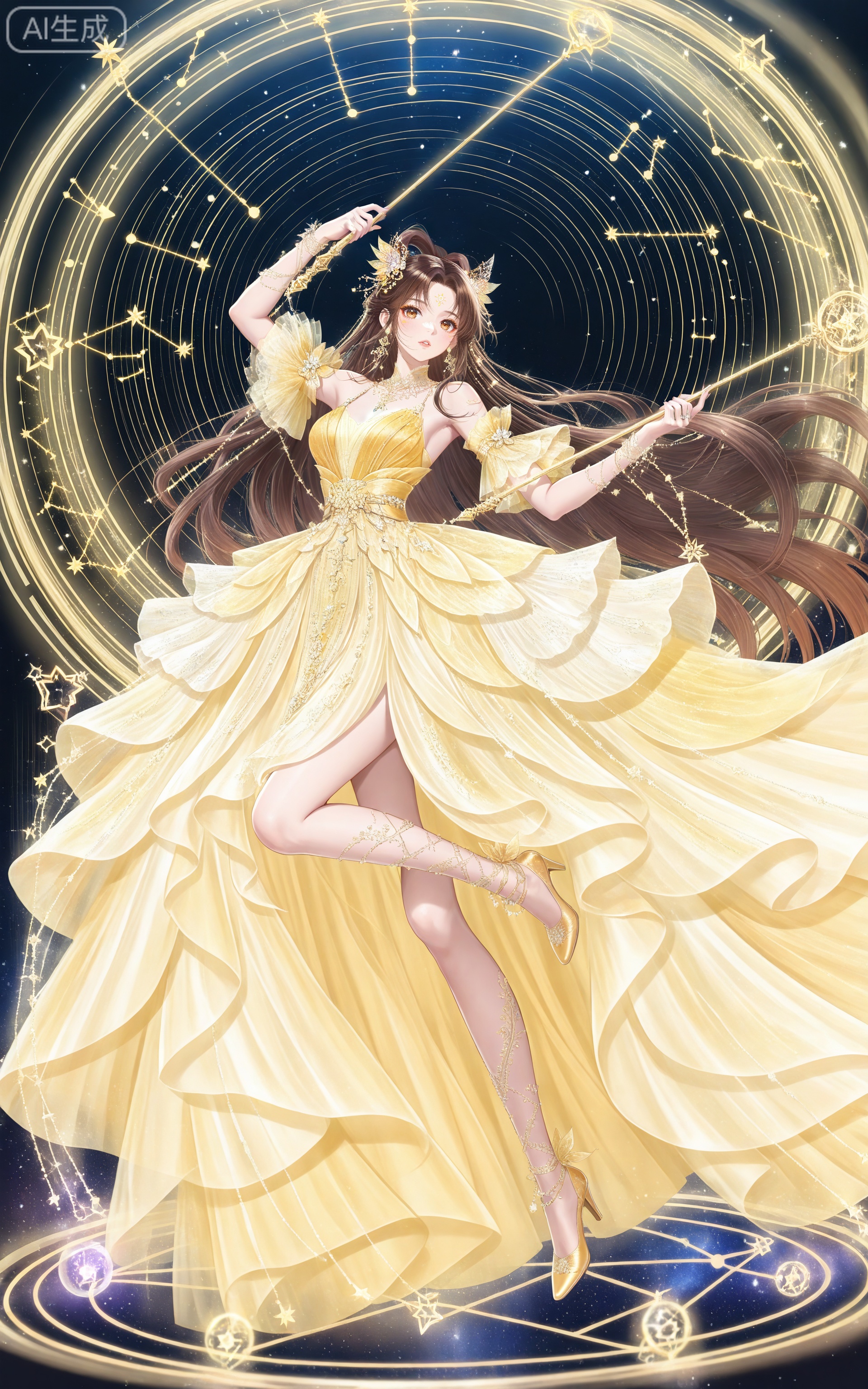 depth of field,masterpiece,best quality,very aesthetic,alternate costume,alternate costume,2024,2023,perfect composition,ultra-detailed,extreme aesthetic,masterpiece,best quality,good quality,newest,year 2024,year 2023,very aesthetic,absurdres,looking_at_viewer,colorful,,
lvjing, 1girl, dress, long hair, brown hair, solo, yellow dress, hair ornament, full body, jewelry, facial mark, earrings, holding, high heels, constellation, forehead mark, leg up, yellow footwear