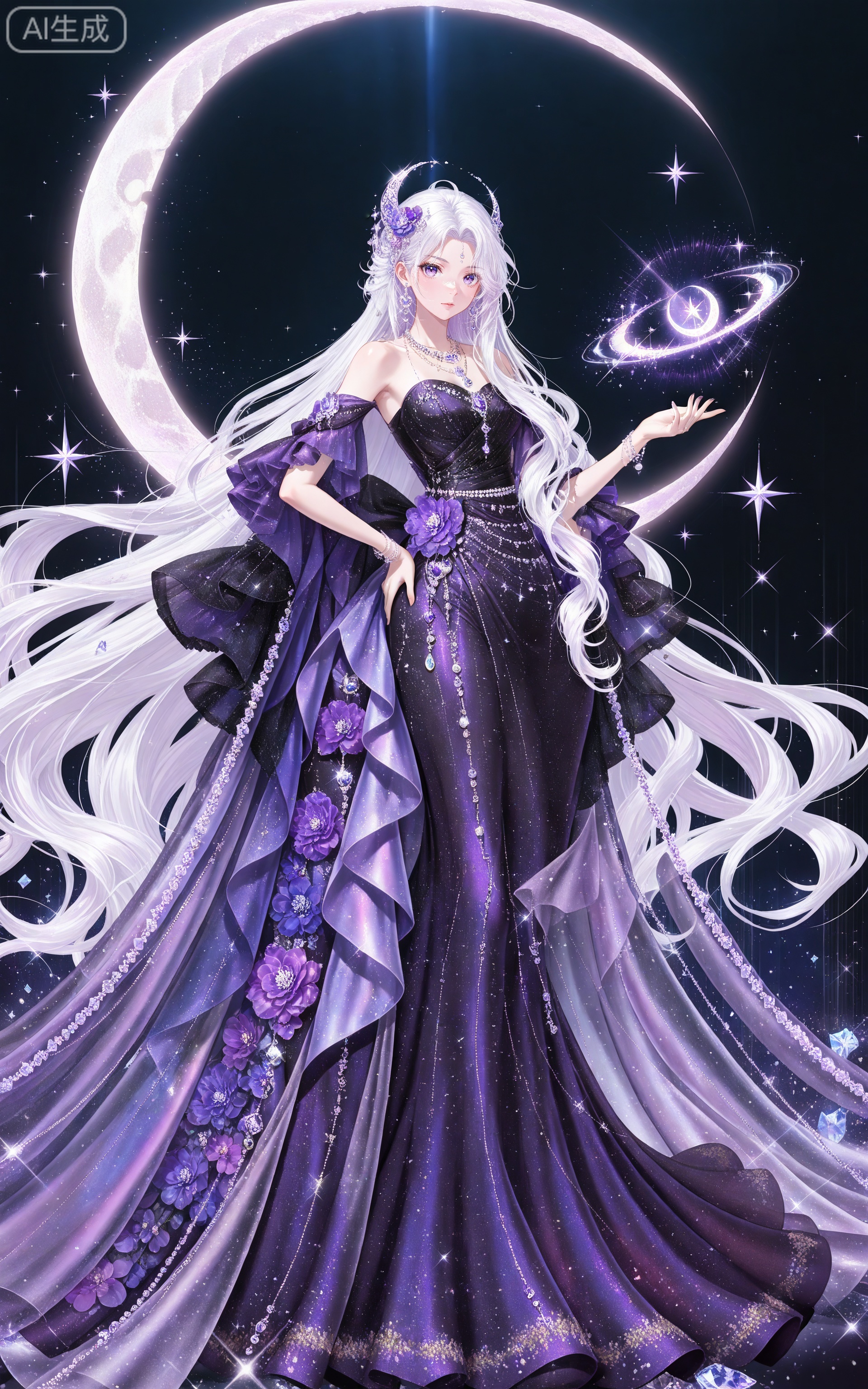 depth of field,masterpiece,best quality,very aesthetic,alternate costume,alternate costume,2024,2023,perfect composition,ultra-detailed,extreme aesthetic,masterpiece,best quality,good quality,newest,year 2024,year 2023,very aesthetic,absurdres,looking_at_viewer,colorful,,
lvjing, 1girl, dress, long hair, solo, jewelry, full body, hair ornament, crescent, white hair, purple dress, hand on own hip, flower, necklace, black dress, bare shoulders, sparkle, very long hair, standing, earrings, long dress, gem, beads, glitter, purple flower, purple eyes