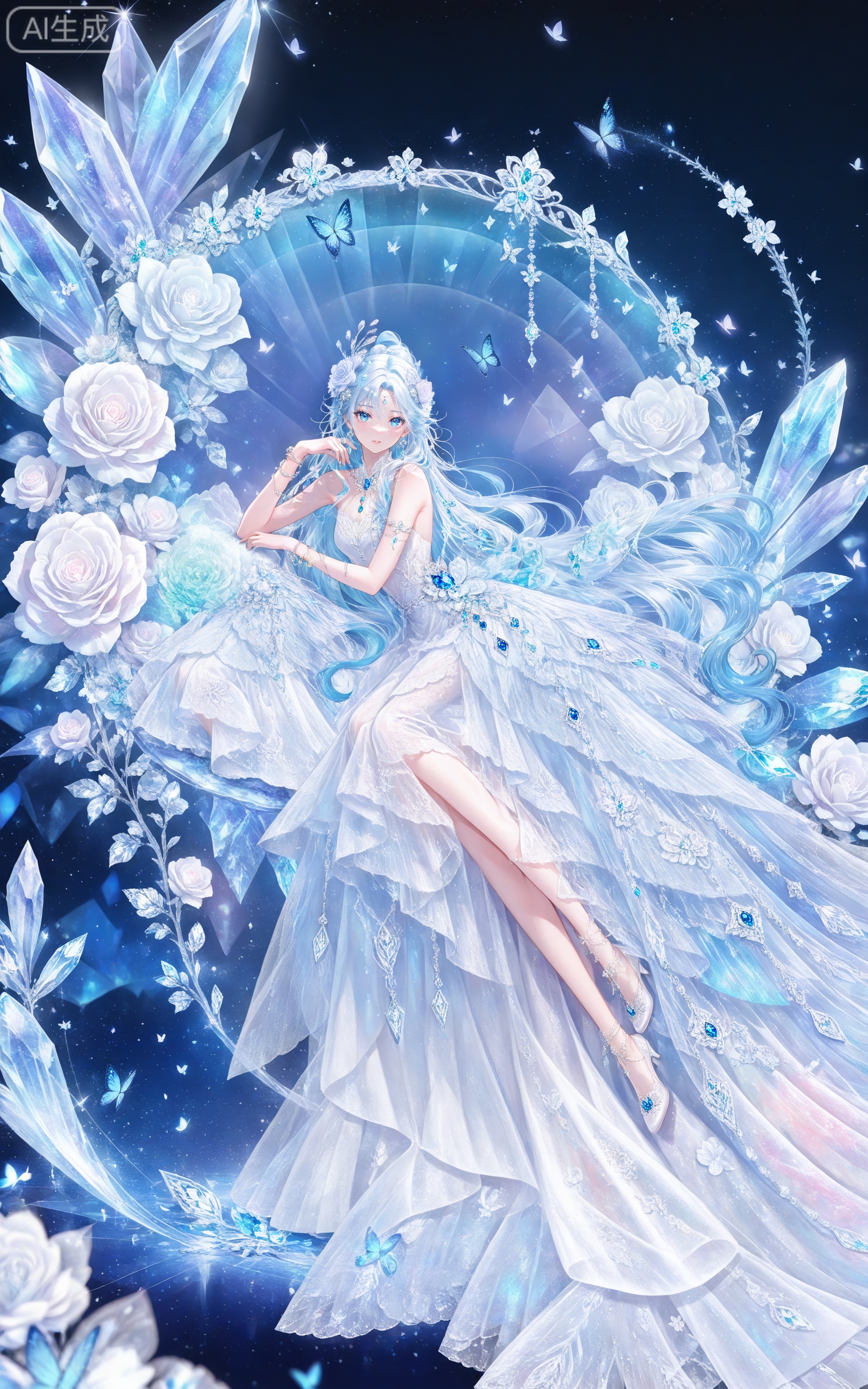 depth of field,masterpiece,best quality,very aesthetic,alternate costume,alternate costume,2024,2023,perfect composition,ultra-detailed,extreme aesthetic,masterpiece,best quality,good quality,newest,year 2024,year 2023,very aesthetic,absurdres,looking_at_viewer,colorful,,
lvjing, 1girl, flower, dress, hair ornament, solo, white dress, long hair, hair flower, jewelry, bug, white flower, butterfly, white hair, gem, blue hair, full body, crystal, rose, bracelet