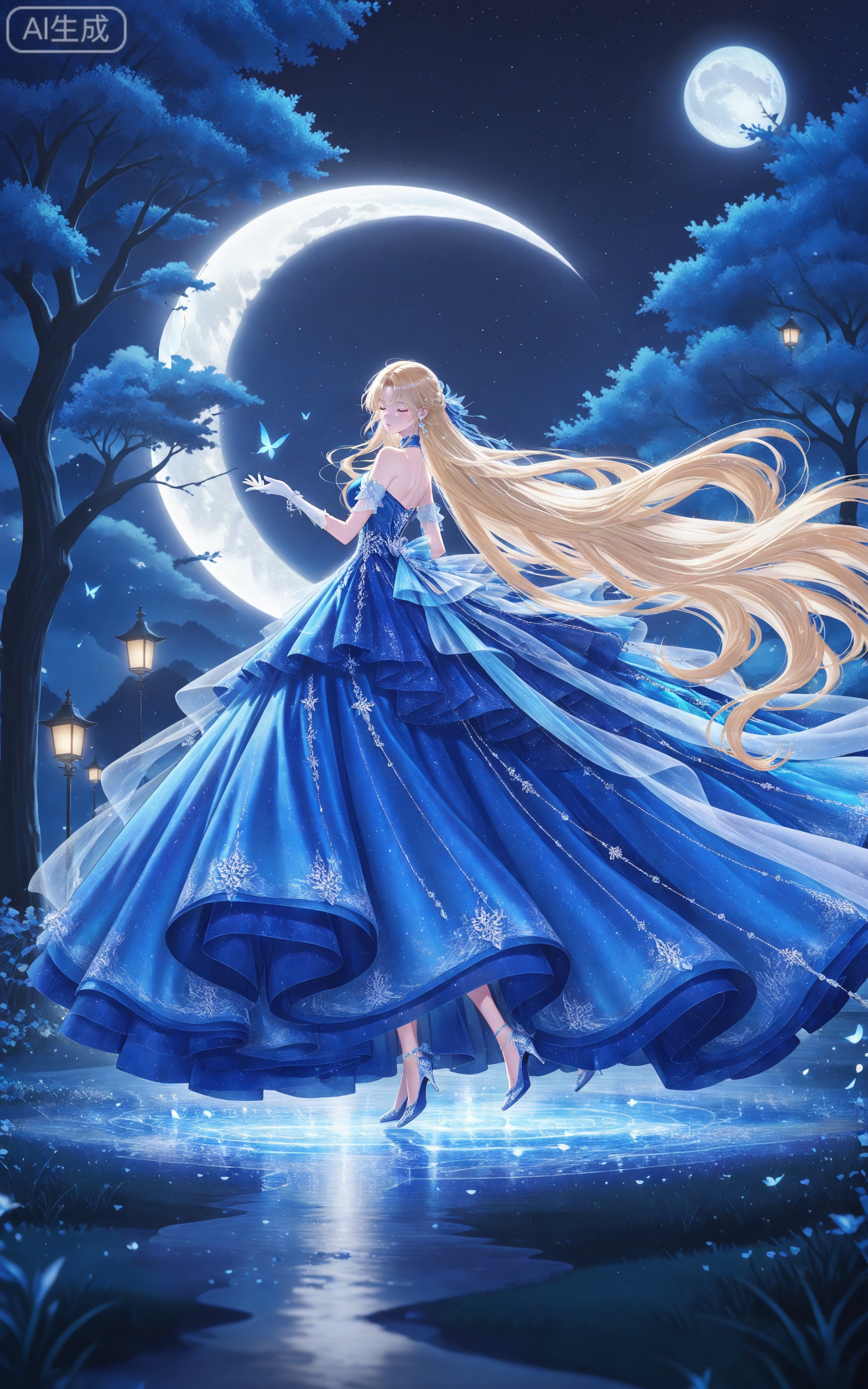 depth of field,masterpiece,best quality,very aesthetic,alternate costume,alternate costume,2024,2023,perfect composition,ultra-detailed,extreme aesthetic,masterpiece,best quality,good quality,newest,year 2024,year 2023,very aesthetic,absurdres,looking_at_viewer,colorful,,
lvjing, 1girl, dress, long hair, blonde hair, solo, blue dress, tree, blue theme, closed eyes, moon, gloves, night, high heels, very long hair