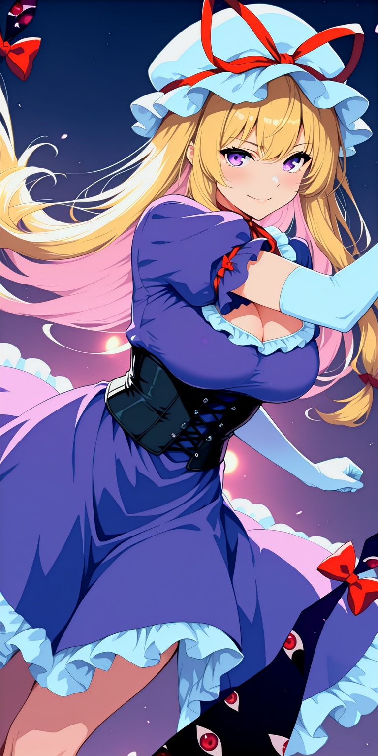 cleavage,  white headwear,  purple dress on Tensor.Art