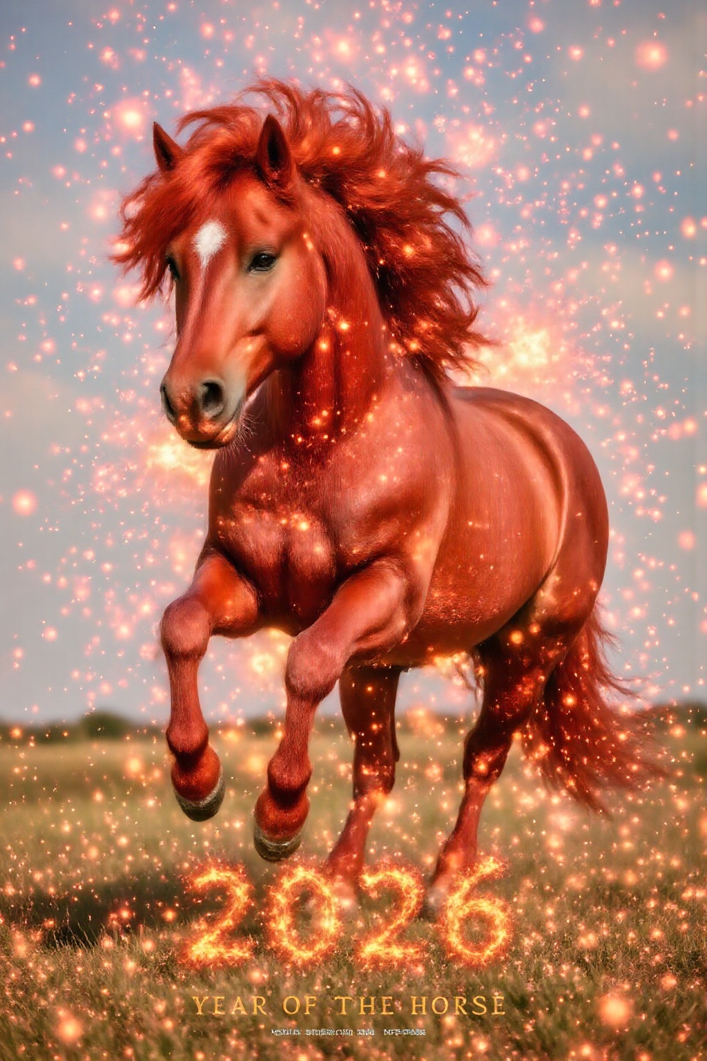 Close-up shot: A powerful,  fiery red horse with a glossy mane and deep-set eyes gallops across a blazing plain. Its magni...