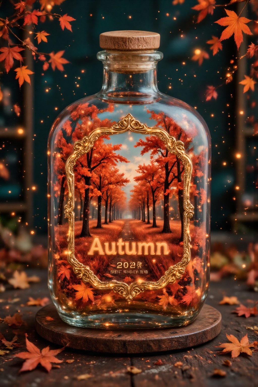 Score_9,  Desktop close-up,  creating a beautiful autumn model in a glass bottle. In autumn on Tensor.Art