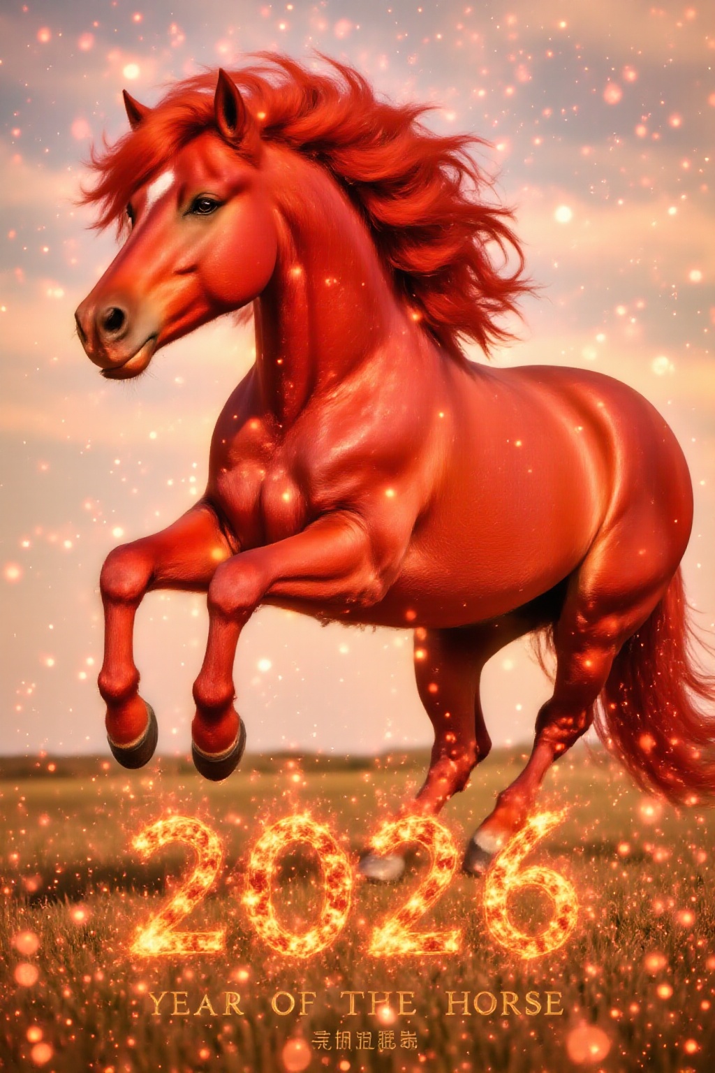Close-up shot: A powerful,  fiery red horse with a glossy mane and deep-set eyes gallops across a blazing plain. Its magni...