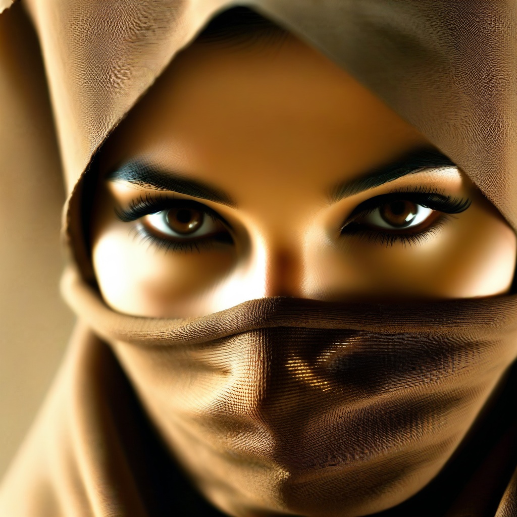 A close-up portrait of a woman with her face wrapped in dark fabric,  fabric partially covering the lower face,  only her...