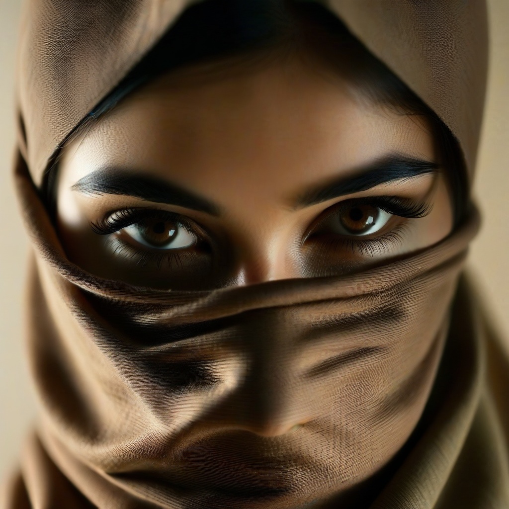 A close-up portrait of a woman with her face wrapped in dark fabric,  fabric partially covering the lower face,  only her...