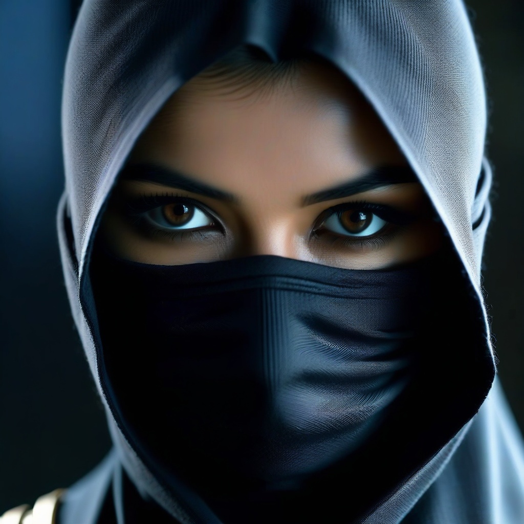 A close-up portrait of a woman wearing a ninja-style outfit,  face wrapped in dark fabric like a shinobi mask,  fabric par...