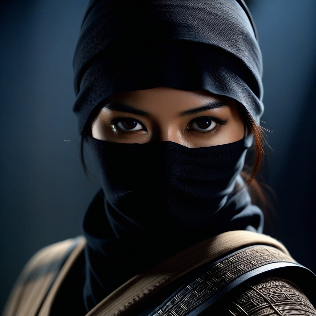 A close-up portrait of a woman wearing a ninja-style outfit,  face wrapped in dark fabric like a shinobi mask,  fabric par...