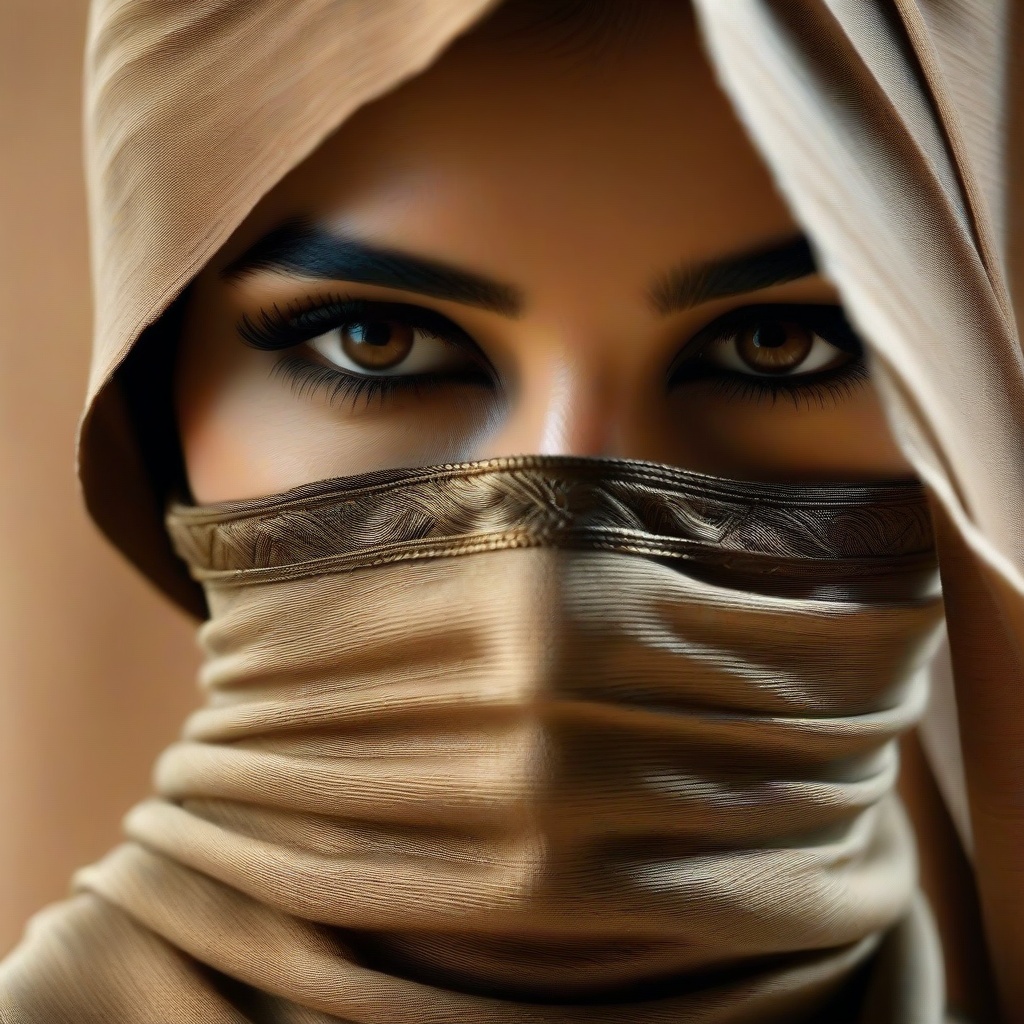 A close-up portrait of a woman with her face wrapped in dark fabric,  fabric partially covering the lower face,  only her...